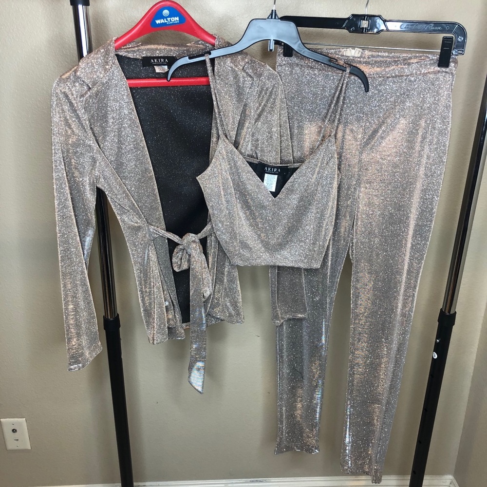 Akira Metallic Gold Blazer, Crop Top, Pants Suit S